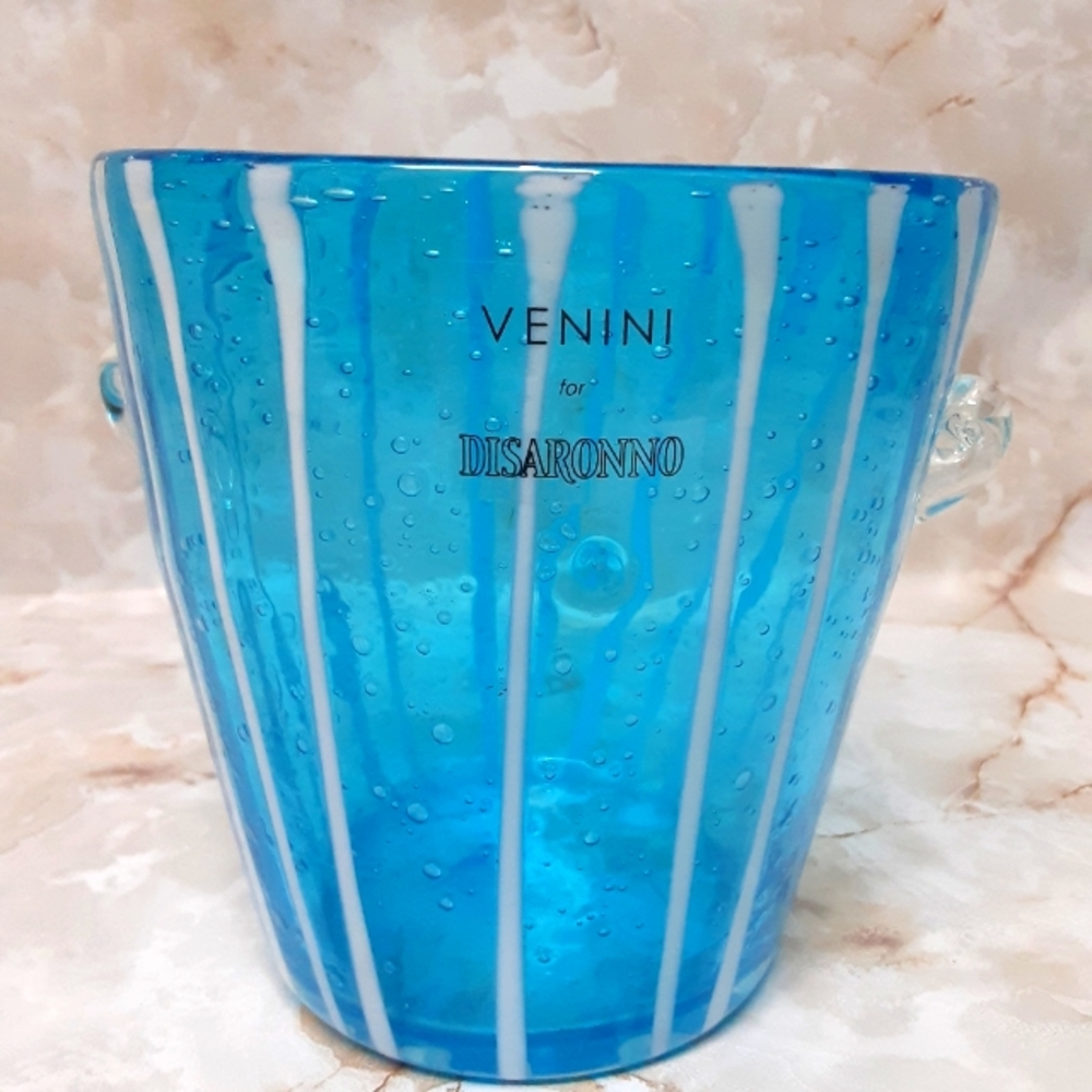 Venini for disaronno vintage hand blown glass  Caribbean blue ice bucket bubble